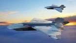 Concept art of two futuristic aircraft flying